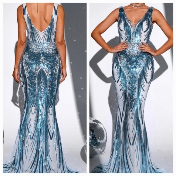 Blue, Graphic Print, Deep V Neck, Backless,  Contrast Sequined Mermaid Maxi Gown - Picture 1 of 16